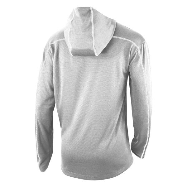The light gray backside of a Columbia omni wick shotgun hoodie with white seam detailing.